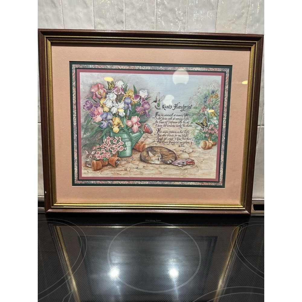 Gail Brown God's Handprint Framed Art Print Cat Gardening Home Interiors 19x16"